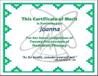 Certificate of Merit for Brave Completion of 25 Sessions of Radiation Therapy